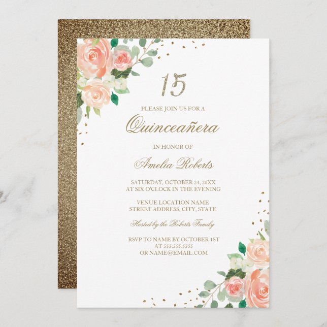 Peach Rose Gold Floral Quinceanera Invitation (Front/Back)