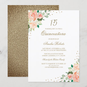 Peach Rose Gold Floral Quinceanera Invitation