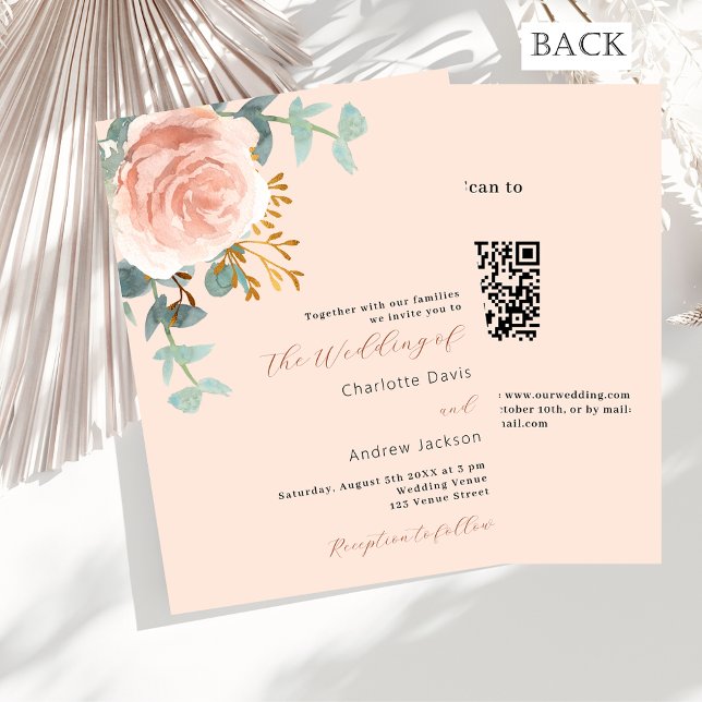 Peach rose gold florals greenery QR RSVP wedding Invitation (Creator Uploaded)