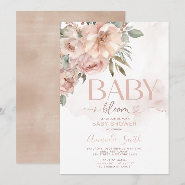 Peach Rose Gold Flowers Baby In Bloom Baby Shower Invitation (Front/Back)