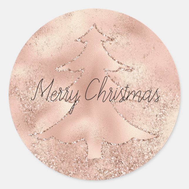 Peach Rose Gold Glitter Christmas Tree     Classic Round Sticker (Front)