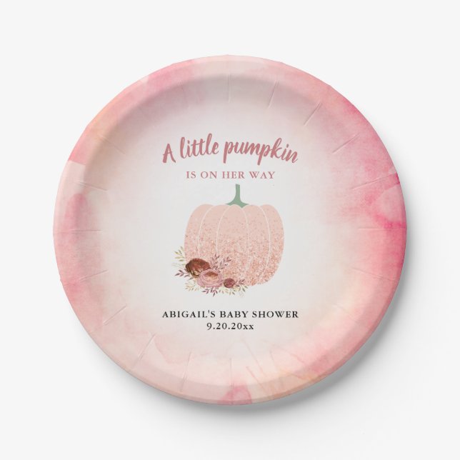 Peach & Rose Gold Glitter Pumpkin Baby Shower Paper Plate (Front)