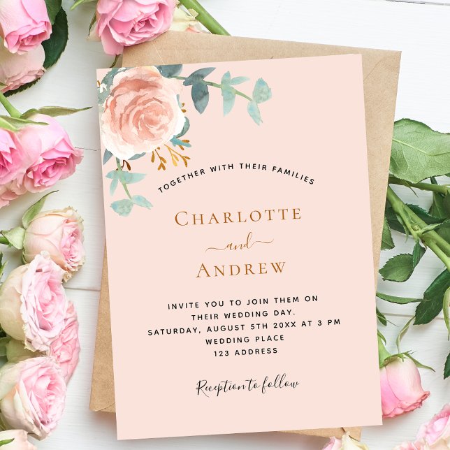 Peach rose gold greenery wedding invitation (Creator Uploaded)