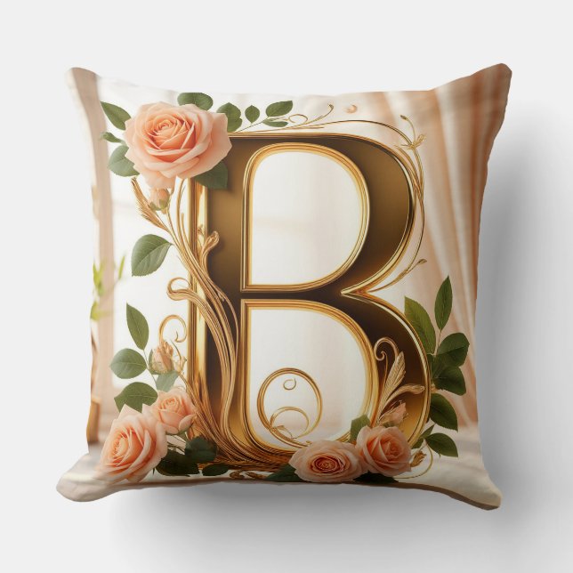 🌷 Peach Rose Gold Initial Letter B Decor ✨ Cushion (Front)