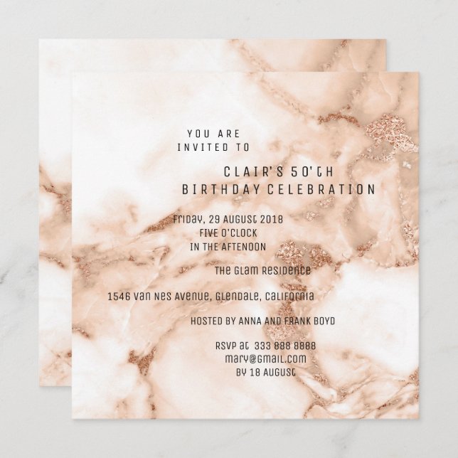Peach Rose Gold Marble Minimal Birthday Party Invitation (Front/Back)