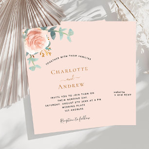 Peach rose gold QR RSVP budget wedding invitation