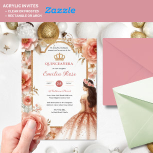Peach Rose Gold Quinceañera Dress Floral Quince Acrylic Invitations