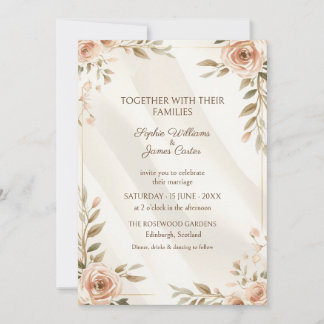 Peach Rose Ivory Stripe Gold Border Wedding Invitation