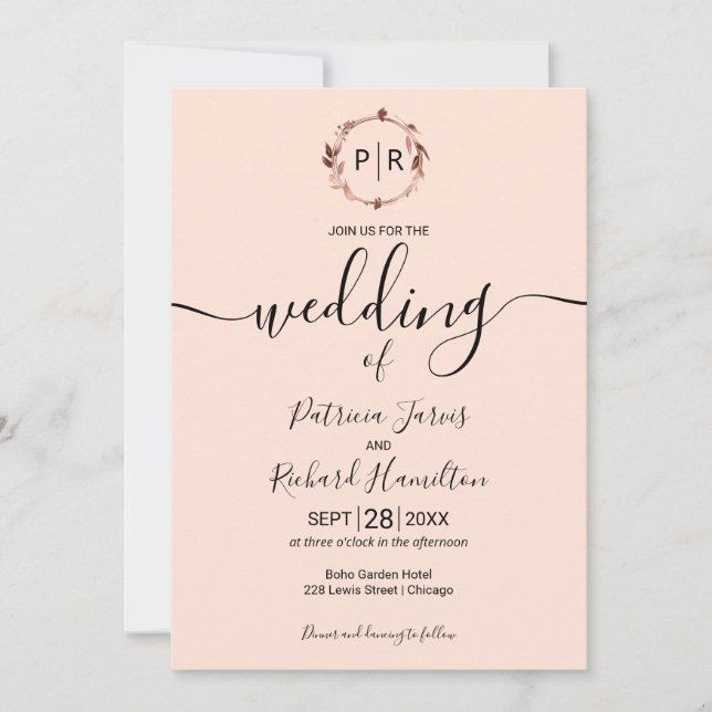 Peach Rose Monogram Calligraphy Photo Wedding Invitation (Front)