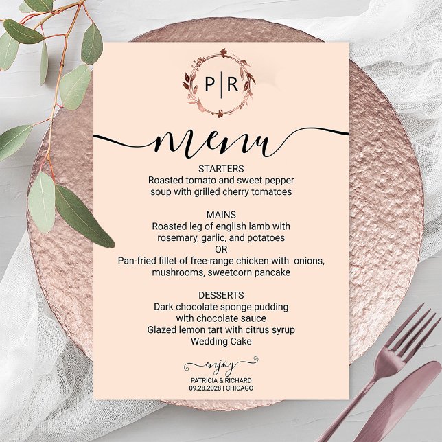 Peach Rose Monogram Photo Wedding Menu Card (Creator Uploaded)