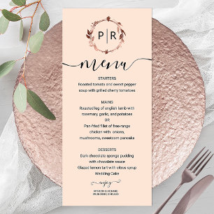 Peach Rose Monogram Photo Wedding Menu Card