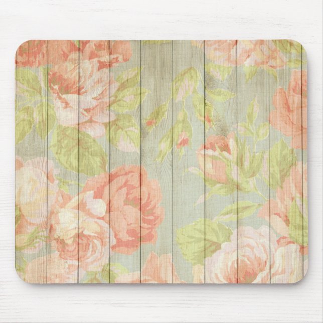 Peach Rose Pattern Country Fence Mouse Pad (Front)