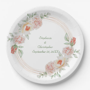 Peach Rose Pink Green Floral Gold Frame Wedding Paper Plate