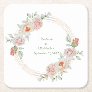 Peach Rose Pink Green Floral Gold Frame Wedding  Square Paper Coaster