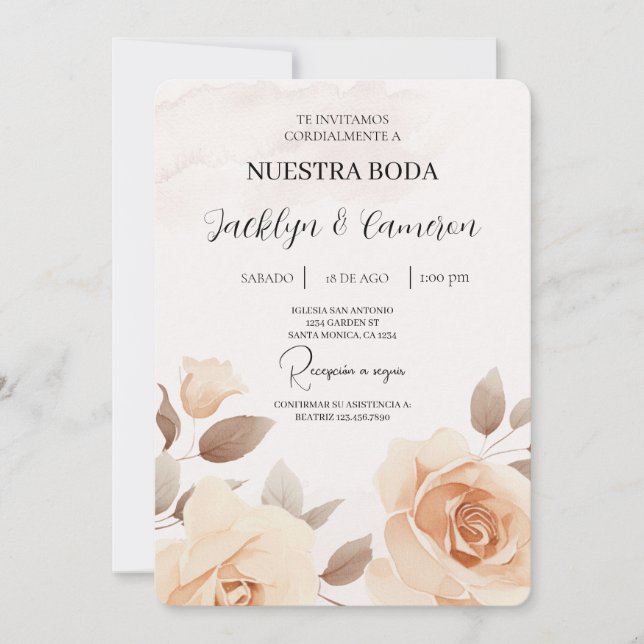 Peach rose Spanish Wedding Invitation (Front)