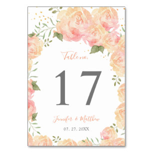 Peach Rose Watercolor Floral Wedding Table Number