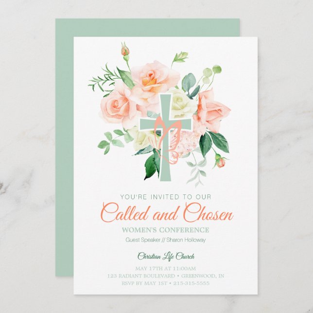 Peach Rose Watercolor Women's Church Conference Invitation (Front/Back)