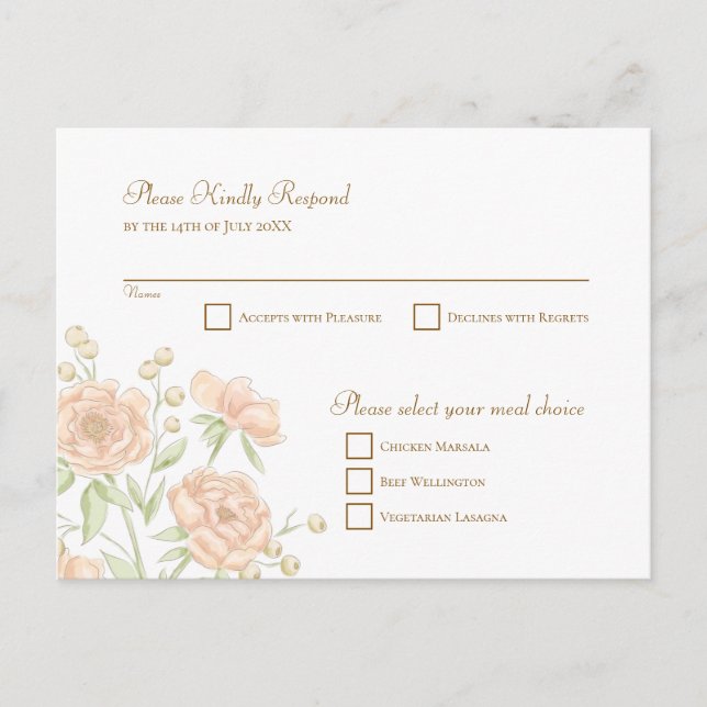 Peach Rose Wedding RSVP Reply Holiday Postcard (Front)