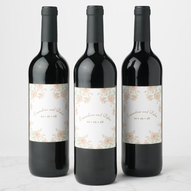 Peach Rose Wedding Wine Label (Bottles)