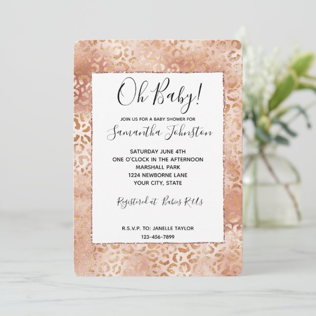 Peach Rose White Leopard Print Invitation (Standing Front)