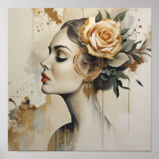 Peach Rose Woman Side Profile Portrait Poster
