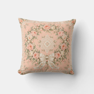 Peach Rose Wreath Bow Lace Border Cushion