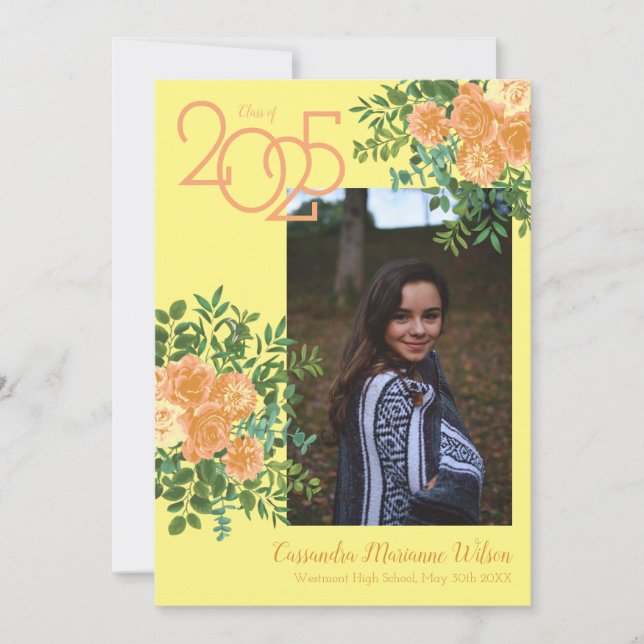 Peach Rose Yellow Photo Graduation Announcement (Front)