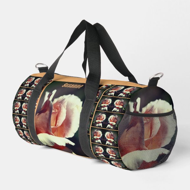 Peach Rosebud Flower Mirror Pattern Personalised Duffle Bag (Right Corner)