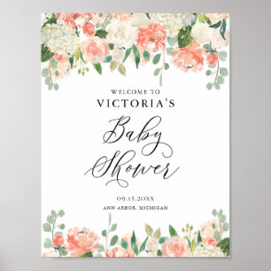 Peach Roses and Hydrangeas Baby Shower Welcome Poster