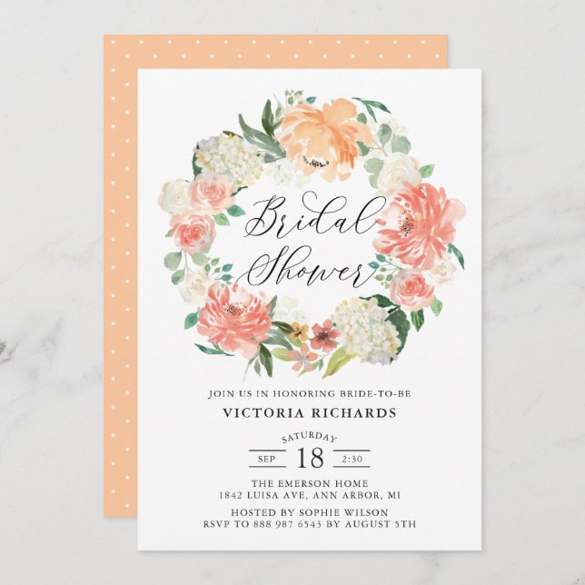 Peach Roses and Hydrangeas Wreath Bridal Shower Invitation (Front/Back)