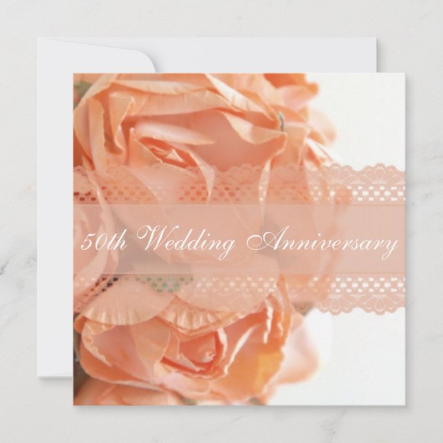 Peach Roses and Lace Wedding Anniversary Party Invitation (Front)