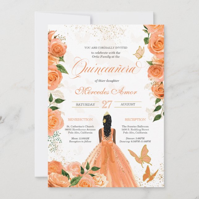 Peach Roses Butterfly Quinceanera Invitation (Front)