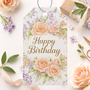 Peach Roses Cottagecore Floral Happy Birthday Gift Tags