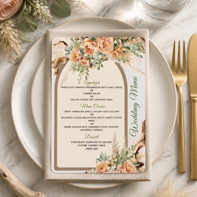 Peach Roses & Driftwood Wedding Menu Card (Creator Uploaded)