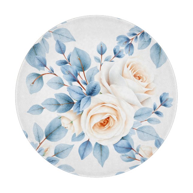 Peach Roses Dusty Blue Eucalyptus Pattern Cutting Board (Front)