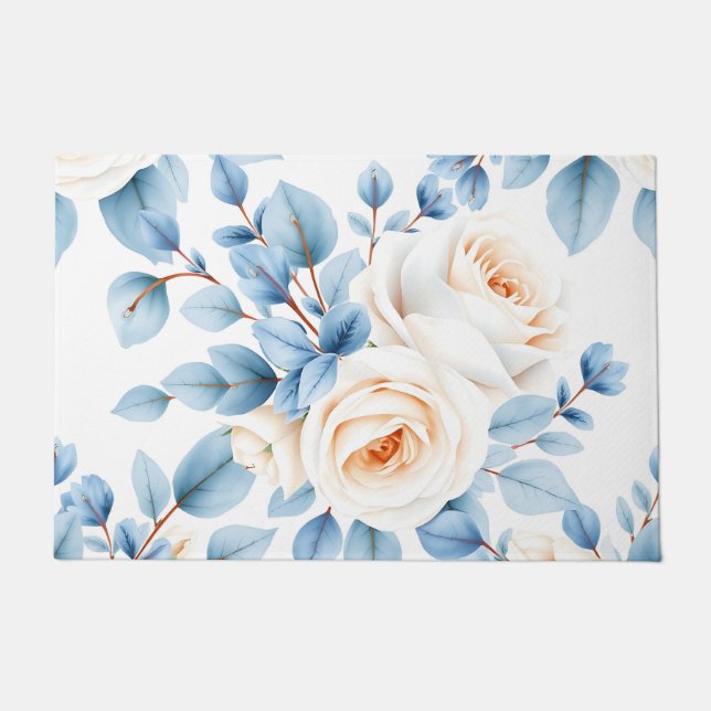 Peach Roses Dusty Blue Eucalyptus Pattern Doormat (Front)