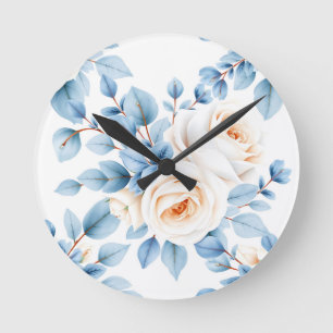 Peach Roses Dusty Blue Eucalyptus Pattern Round Clock