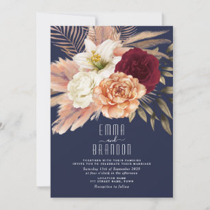 Peach Roses Floral Burgundy Navy Blue Wedding Invitation