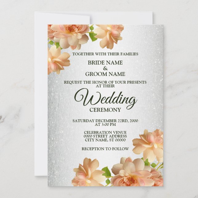 Peach Roses Floral Silver Glitter Modern Wedding Invitation (Front)