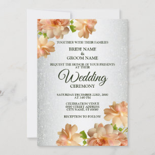 Peach Roses Floral Silver Glitter Modern Wedding Invitation