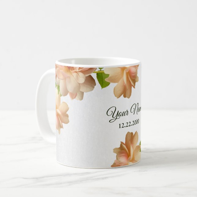 Peach Roses Floral Silver Glitter Wedding Party Coffee Mug (Front Left)