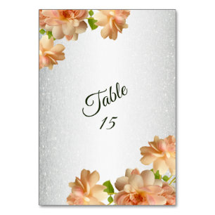 Peach Roses Floral Silver Glitter Wedding Party Table Number