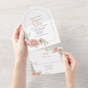 Peach Roses Gold Arch Frame Wedding All In One Invitation
