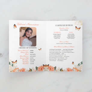 Peach Roses Gold Tiara Butterfly Quinceanera Program