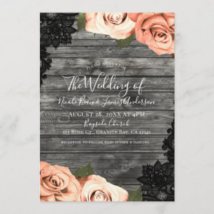 Peach Roses Grey Rustic Wood Black Lace Wedding Invitation