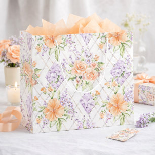 Peach Roses Lavender Cottagecore Floral Pattern Large Gift Bag