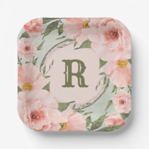 Peach Roses on Sage Green Personalised Paper Plate