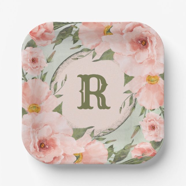 Peach Roses on Sage Green Personalised Paper Plate (Front)