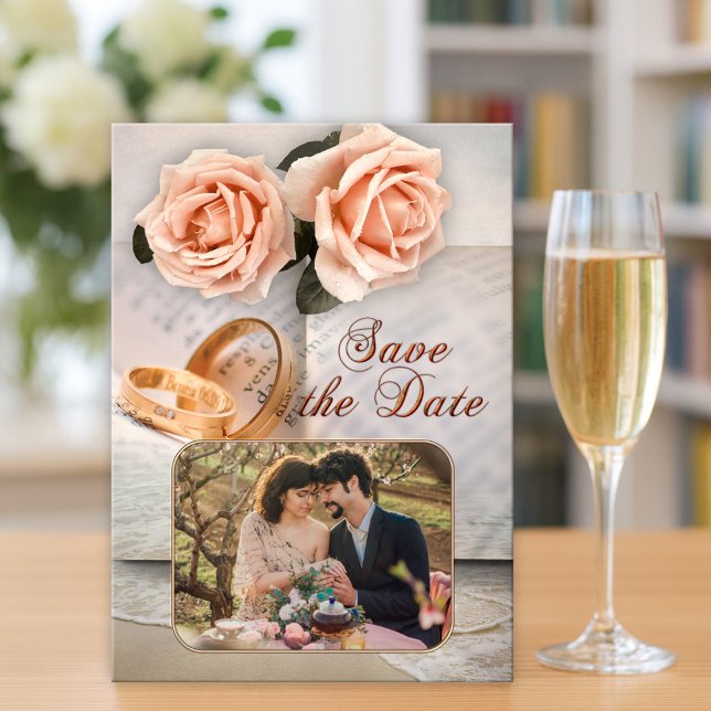 Peach Roses Photo Book Lovers Save the Date Card (Save the Date card featuring your photo framed by a book design with peach roses and wedding rings)