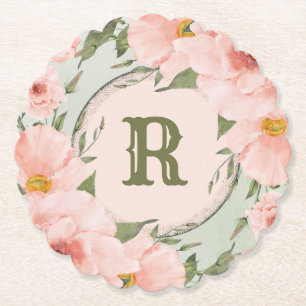 Peach Roses & Sage Green Paper Coaster